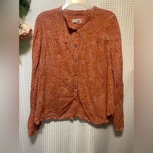 LOFT Womens XL Orange Polka Dot Long Sleeve Button Front Blouse 99% Cotton